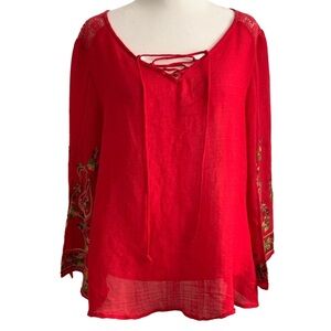 ANTHROPOLOGIE FIGUERCA & FLOWER Boho Red Lace w/ Multi Embroidery Blouse Shirt